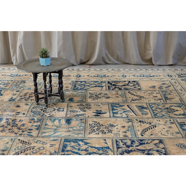 Mid-Century Modern 1900s Antique Navy Tan Distressed Indo Kashan Botanical Animal Allover Design Hand-Knotted Wool Low Pile Rug - 9’8“ X 12’ For Sale - Image 3 of 12