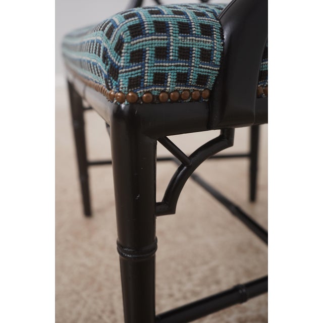 Pair of Ebonized Chinese Chippendale Faux Bamboo Dining Arm Chairs For Sale - Image 13 of 18
