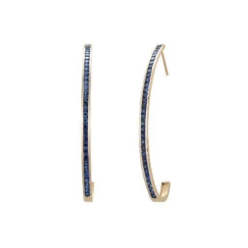 Modern 14k Yellow Gold Large Hoop Earrings With 2.15ct Round Sapphires, Pair For Sale - Image 3 of 7