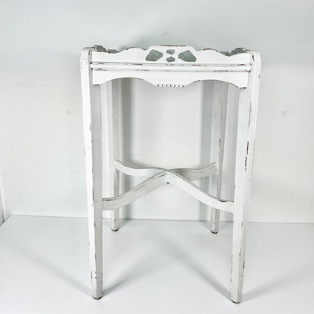 Farmhouse Vintage Shabby Chic Farmhouse Chippy Paint Wood Gallery Side Table. For Sale - Image 3 of 15