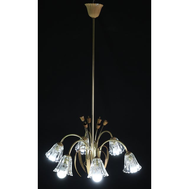Art Deco 1950 Art Decò Murano Glass and Brass Chandelier, 6 Light For Sale - Image 3 of 18