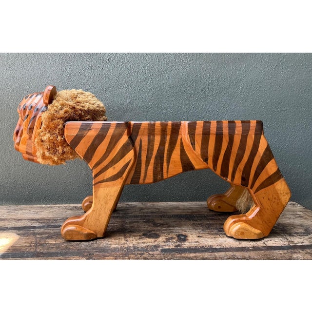 Vintage Handcrafted Wood and Jute Tiger Stool For Sale - Image 9 of 16