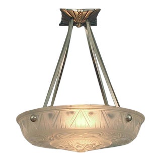 1920s Muller Lighting Bowl With Deco Designs, Custom Nickel Mounting For Sale