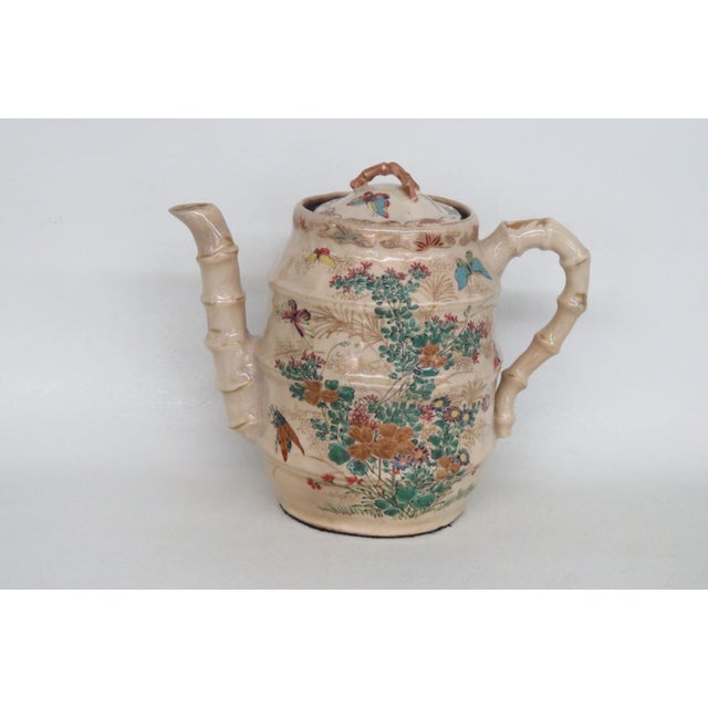Mid 20th Century Mid 20th Century Japanese Satsuma Style Ceramic Earthenware Teapot Butterfly Garden Motif For Sale - Image 5 of 12