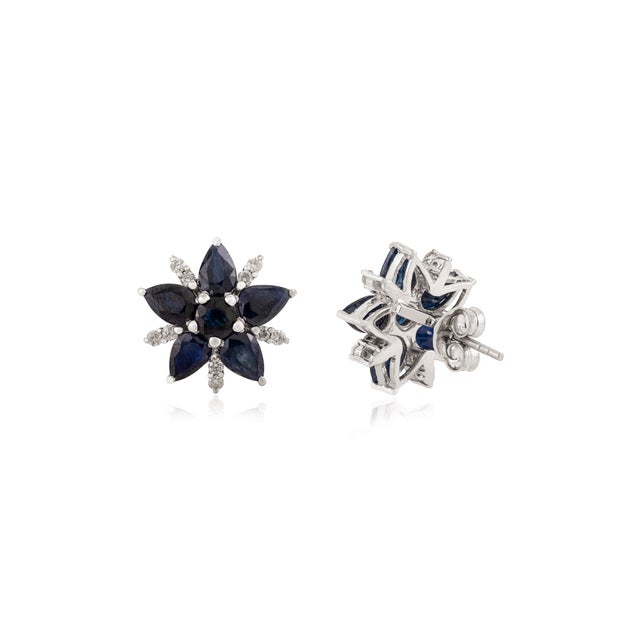 Art Deco Blue Sapphire & Diamond Flower Earrings in Sterling Silver- Elegant Cluster Studs- A Pair For Sale - Image 3 of 13