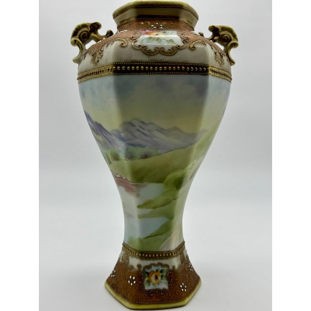 Nippon Antique Hand Painted Landscape Moriage Two Handled Porcelain Vase For Sale - Image 4 of 17