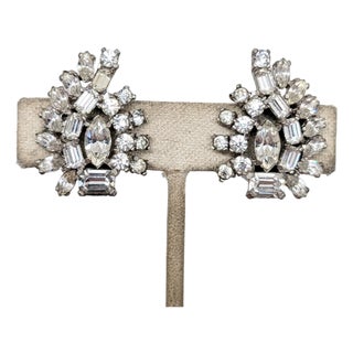 Vintage Signed Mazer Brothers Rhodium Plated Clear Rhinestone Clip Earrings-2 Pieces For Sale