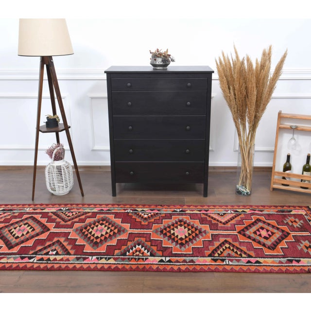 Turkish 1970s Vintage Turkish Hand-Knotted Wool Cotton Red Runner Rug For Sale - Image 3 of 10