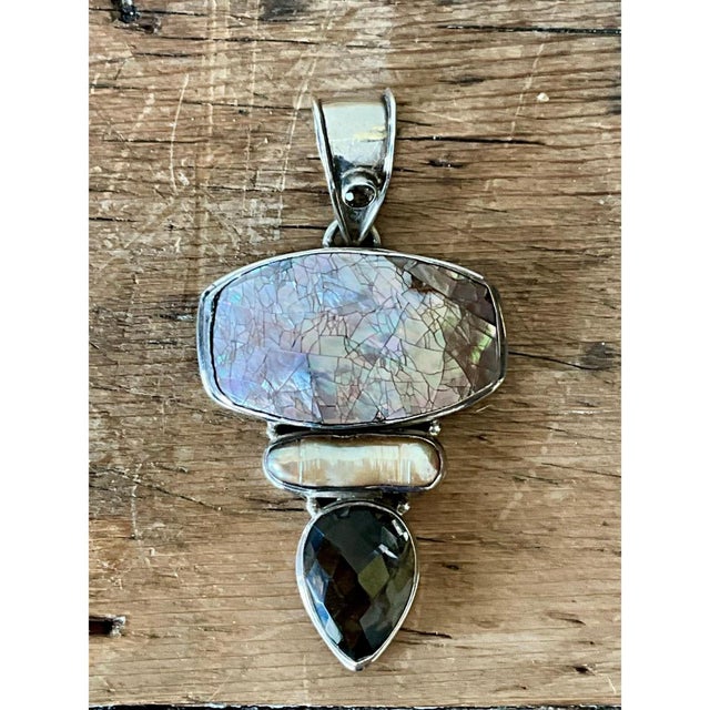 Vintage Boho Smokey Quartz & Mother of Pearl Pendant For Sale - Image 4 of 12