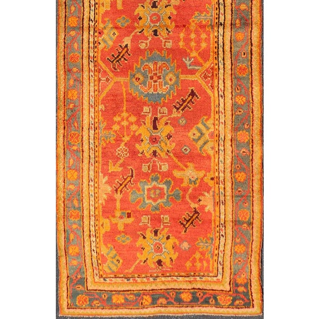 Red and Light Blue Wide Antique Turkish Oushak Gallery Runner For Sale - Image 4 of 18