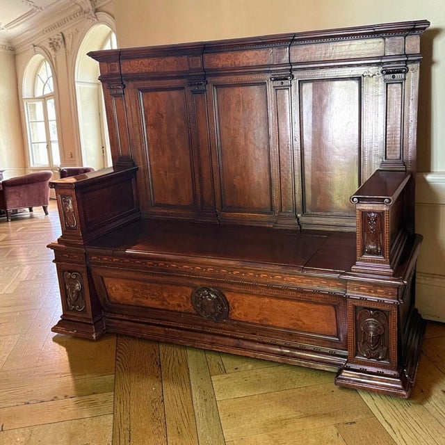 Antique Italian Renaissance Revival Walnut Lettuccio Hall Bench A commanding 19th-century Italian Renaissance Revival...
