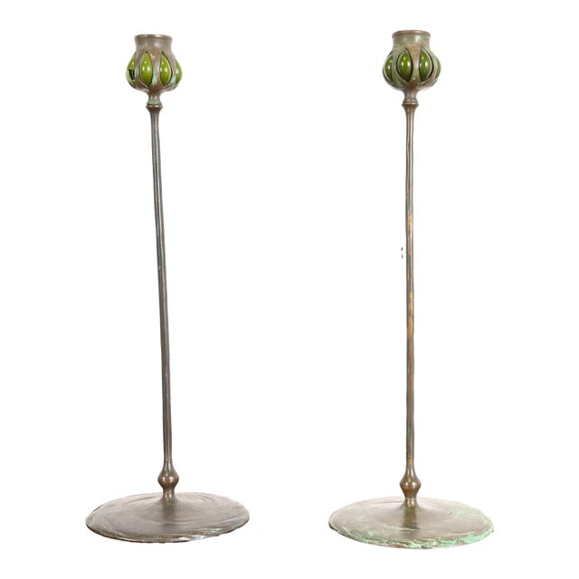 Tiffany Studios New York Bronze and Green Favrile Glass Puddle Candlesticks, Pair For Sale