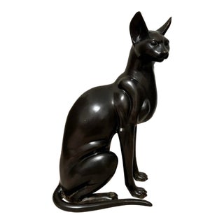 Mid 20th Century Large Bronze Art Deco Egyptian Revival Cat Sculpture 24.5” For Sale