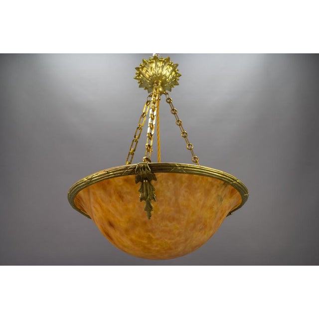 French Neoclassical Style Amber Alabaster and Bronze Pendant Light, 1920 For Sale - Image 9 of 18