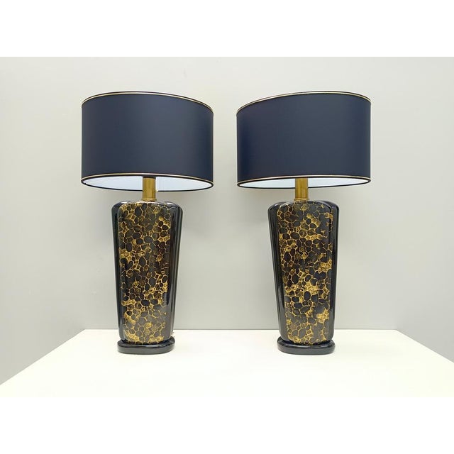 Metal Vintage Italian Black and Gold Glazed Ceramic Table Lamps, 1980s, Set of 2 For Sale - Image 7 of 15