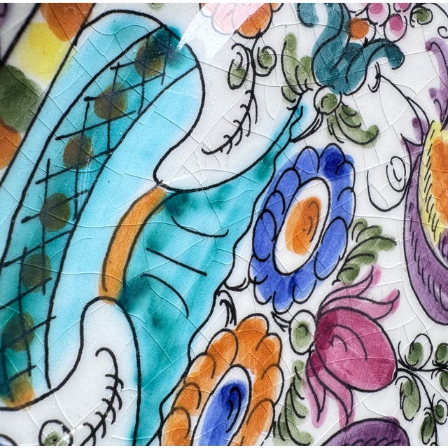 Violet Antique Hand-Painted Polychrome Faience Wall Plate With Birds and Floral Motifs For Sale - Image 8 of 11