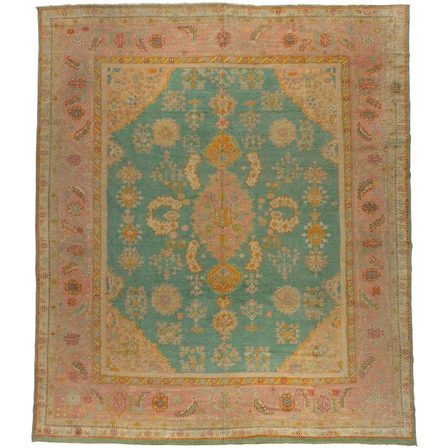 Turquoise Antique Turkish Oushak, 13'4'' X 15'8'' For Sale - Image 12 of 12