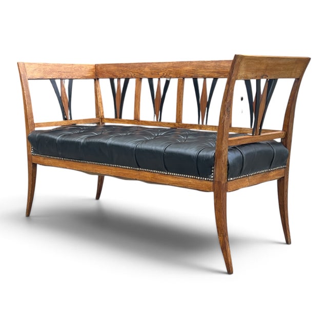 Vintage Sculpted Wood Bench With Button-Tufted Black Leather Seat For Sale - Image 9 of 12