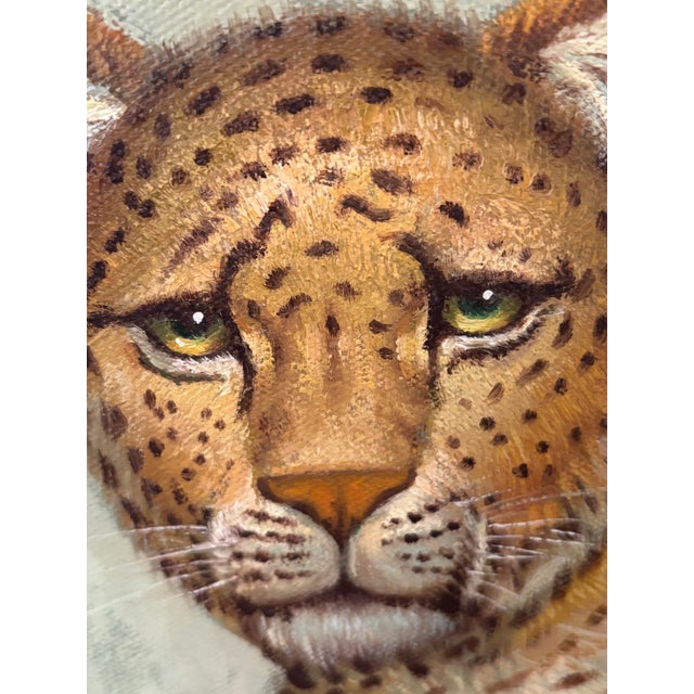 Beautiful leopard painted by E. Max during the 20th century. Recently custom framed in a sleek black metal frame with wire...