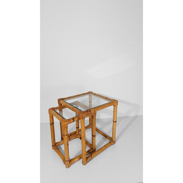 Vintage Italian Bamboo Cane and Rattan Nesting Tables with Clear Glass Top, 1960s, Set of 3 For Sale - Image 13 of 18