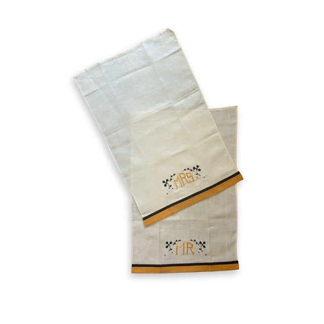 Vintage Mr & Mrs Linen Towels Saffron Black Trim Monogram Embroidered Guest Towels - a Pair For Sale - Image 11 of 11