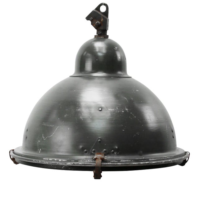 Vintage Industrial Grey Aluminium & Cast Iron Clear Glass Pendant Lamp, 1950s For Sale