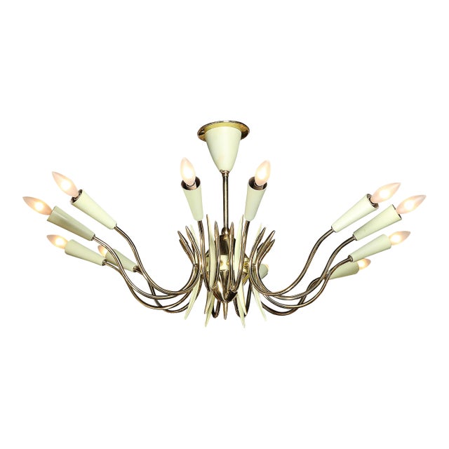 Mid-Century Polished Brass & Green Enamel 12 Light Chandelier by Stilnovo For Sale