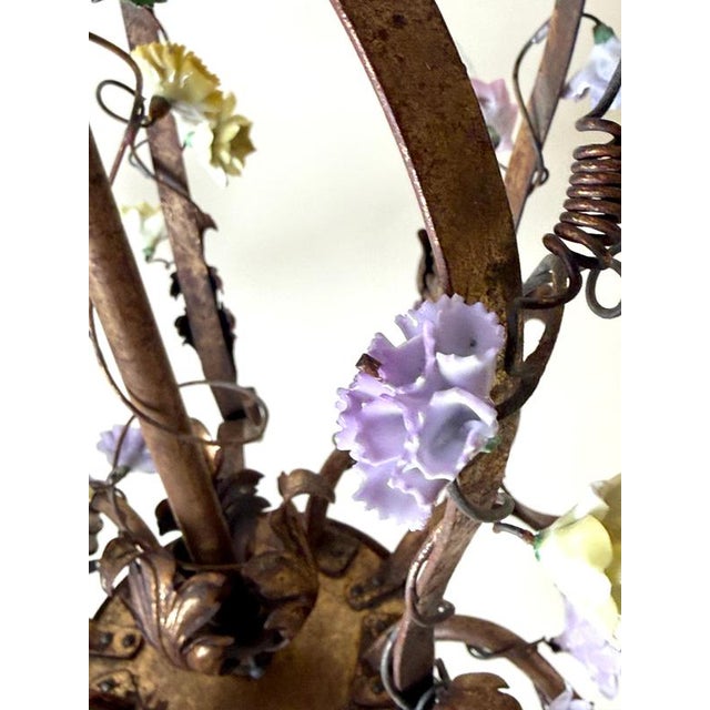 Italian Gilt Iron Five-Light Chandelier with Porcelain Flowers, 1930 For Sale - Image 17 of 18