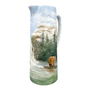 Hand Painted and Signed Wildlife and Mountain Landscape Ceramic Pitcher
