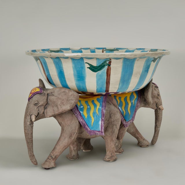 Mid-Century Modern Vintage Ceramic Circus Bowl on Elephant Stand by Dan and Nisha Ferguson For Sale - Image 3 of 17