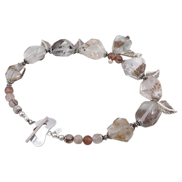 Chunky Ferrous Quartz Necklace With Silver Leaves Charms For Sale - Image 4 of 5