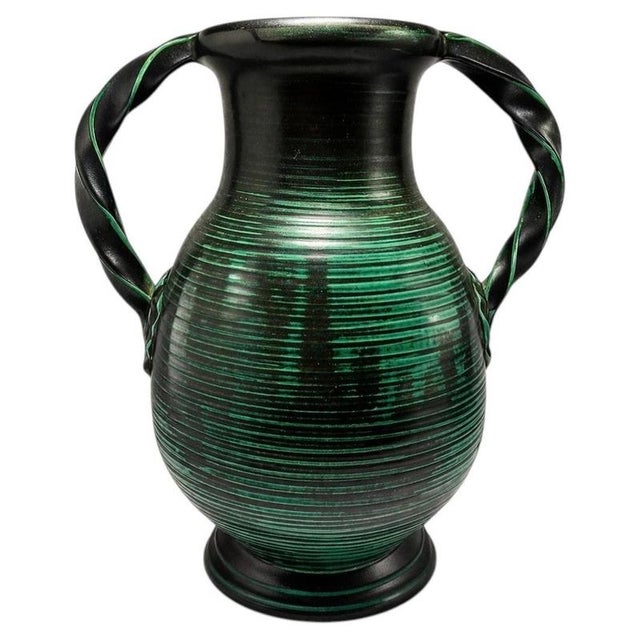 Black Large Art Deco Green Glazed Ceramic Twin-Handled Vase from Upsala Ekeby, Sweden, 1930s For Sale - Image 8 of 8