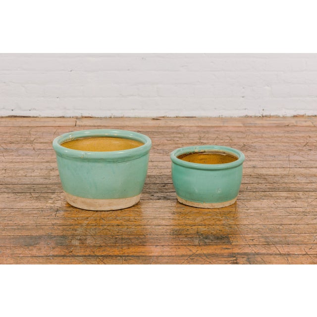 Ocean Blue Glazed Ceramic Round Nested Planters with Tapering Lines - A Pair For Sale - Image 12 of 12