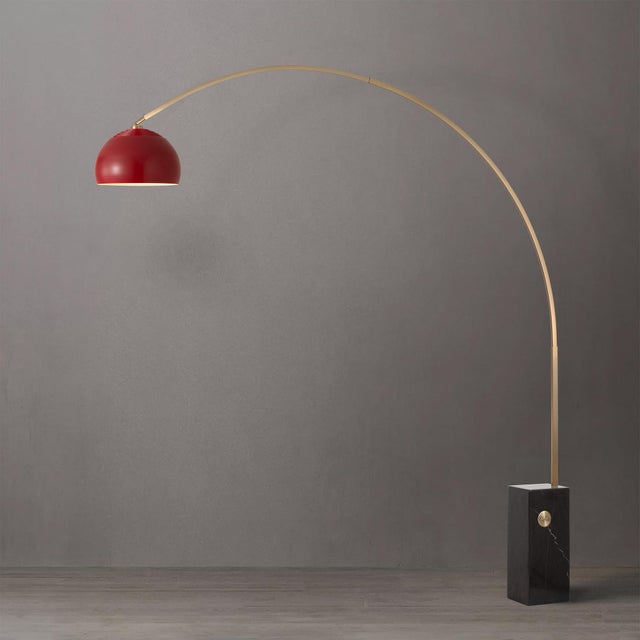 Mid-Century Modern Mid-Century Modern Arc Floor Lamp, Crimson Red Shade, Brass Body, Marble Base For Sale - Image 3 of 7