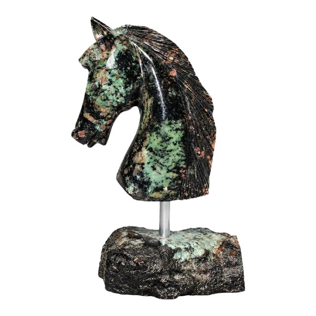 Gemstone Emerald Horse Bust Statue Hand Carved Horse Rock Base For Sale