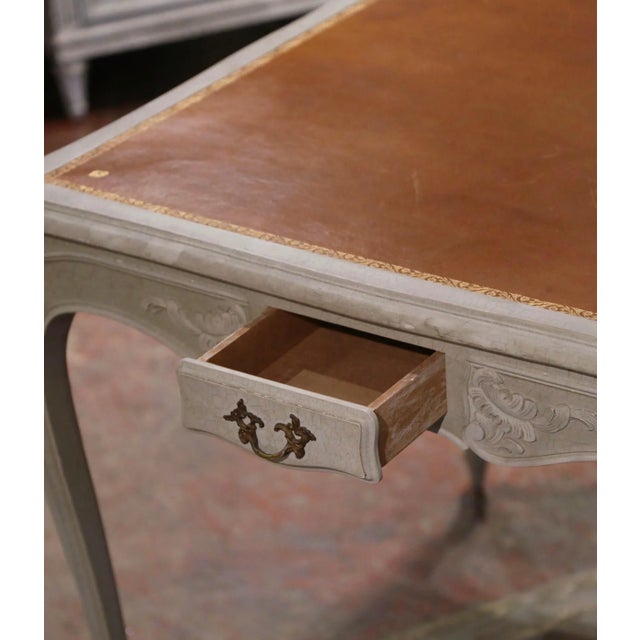 Mid-Century French Louis Xv Carved Grey Painted Leather Top Game Table For Sale - Image 10 of 12