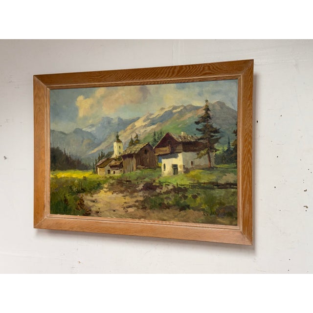 Design Plus Gallery presents an Original Oil Painting of a Mountain Village by J.K. The painting showcases a landscape...