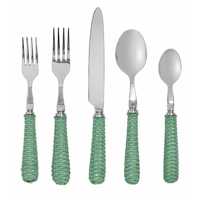 Chinoiserie Soft Green Basketweave Five Piece Flatware Set For Sale - Image 3 of 3