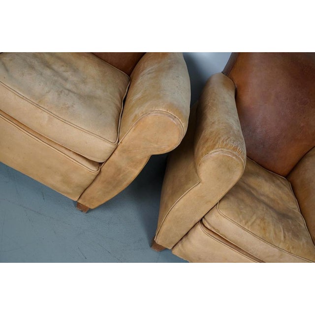 French Club Armchairs with Leather File Mustache Cognac, 1940s, Set of 2 For Sale - Image 4 of 18