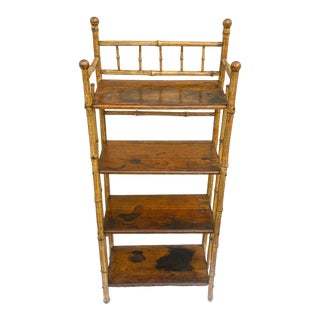 Vintage Tortoise Burnt Bamboo Etagere With Four Pine Plank Shelves For Sale