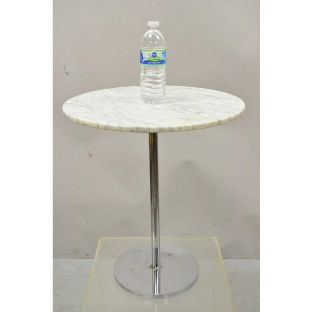 Hugh Acton Round Marble Top Chrome Lollipop Cocktail Occasional Side Table. Item features a round white marble top, chrome...