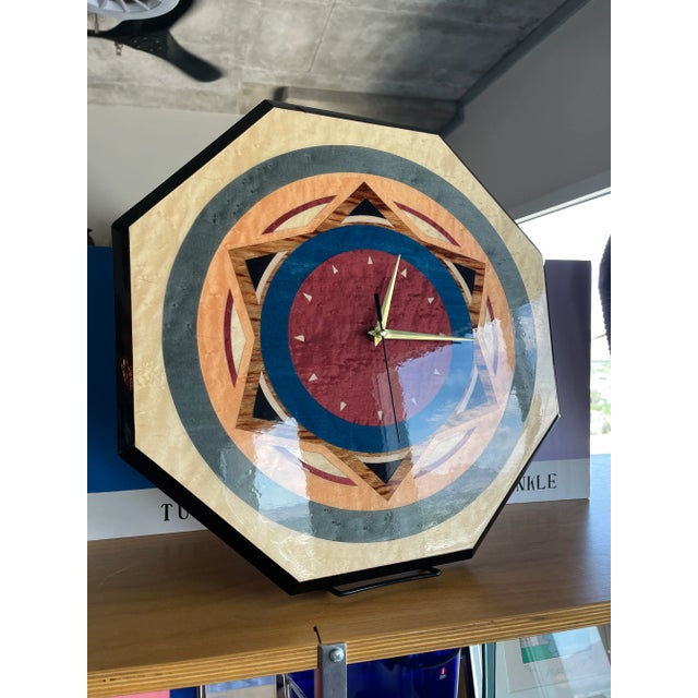 Howard Miller 80s Valentino Italian Postmodern Inlaid Wood Marquetry Wall Clock Memphis Design Era For Sale - Image 4 of 12