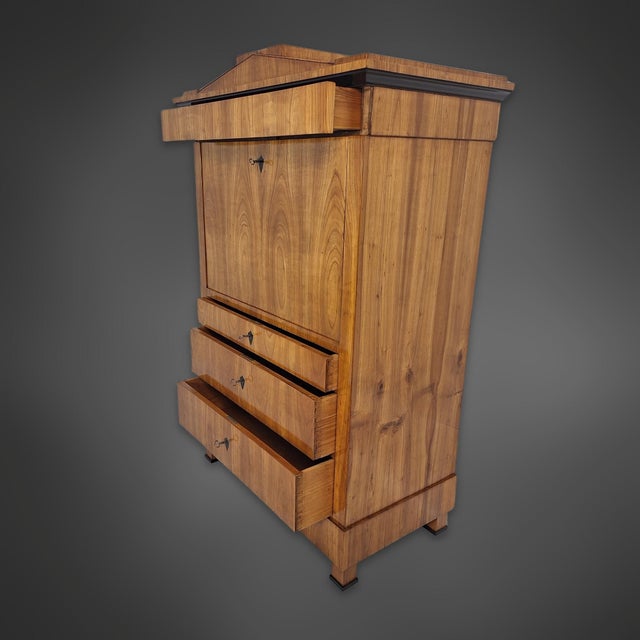 Biedermeier Cherrywood Veneer Secretary Desk with Pointed Gable, Thuringia, 1820s For Sale - Image 4 of 11