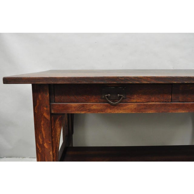 Arts & Crafts Antique Gustav Stickley Arts & Crafts Mission Oak Two Drawer Library Table Desk For Sale - Image 3 of 18