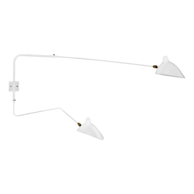 Modern White Two Rotating Straight-Curved Arms Wall Lamp by Serge Mouille For Sale