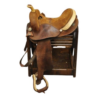 Vintage Circle Y Brand Brown Leather & Suede 14 Inch Barrel Horse Western Saddle For Sale