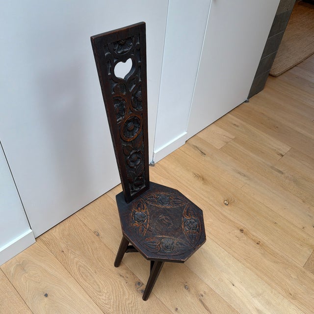 Late 19th Century Antique Hand Carved Folk Art Spinning Chair With Heart and Floral Motifs For Sale - Image 5 of 12