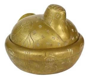 Vintage Hand Etched Brass Bird Shape Lidded Bowl