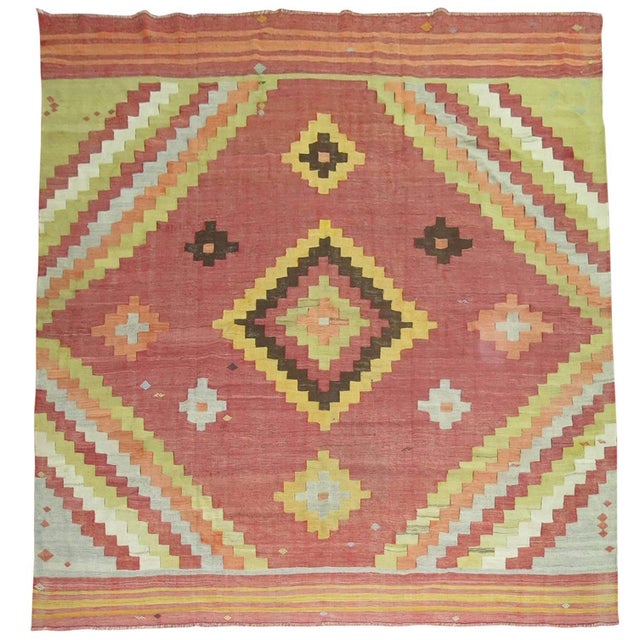 Intriguing square size Turkish Kilim. Measures: 8'2" x 8'7".