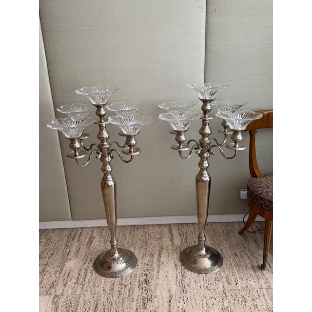 Vintage 1970s Silver Plate Candelabra With Removable Crystal Cups — 40” High For Sale - Image 13 of 13